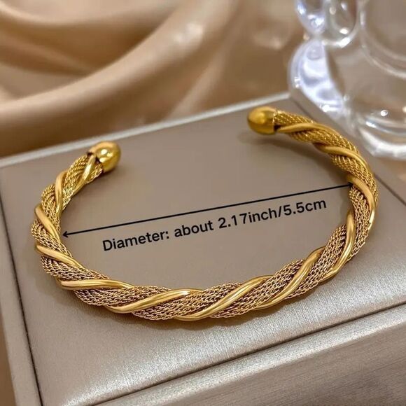 Gold Twisted Mesh Cuff Bangle Bracelet Stainless Steel Braided Retro Style - Picture 6 of 8